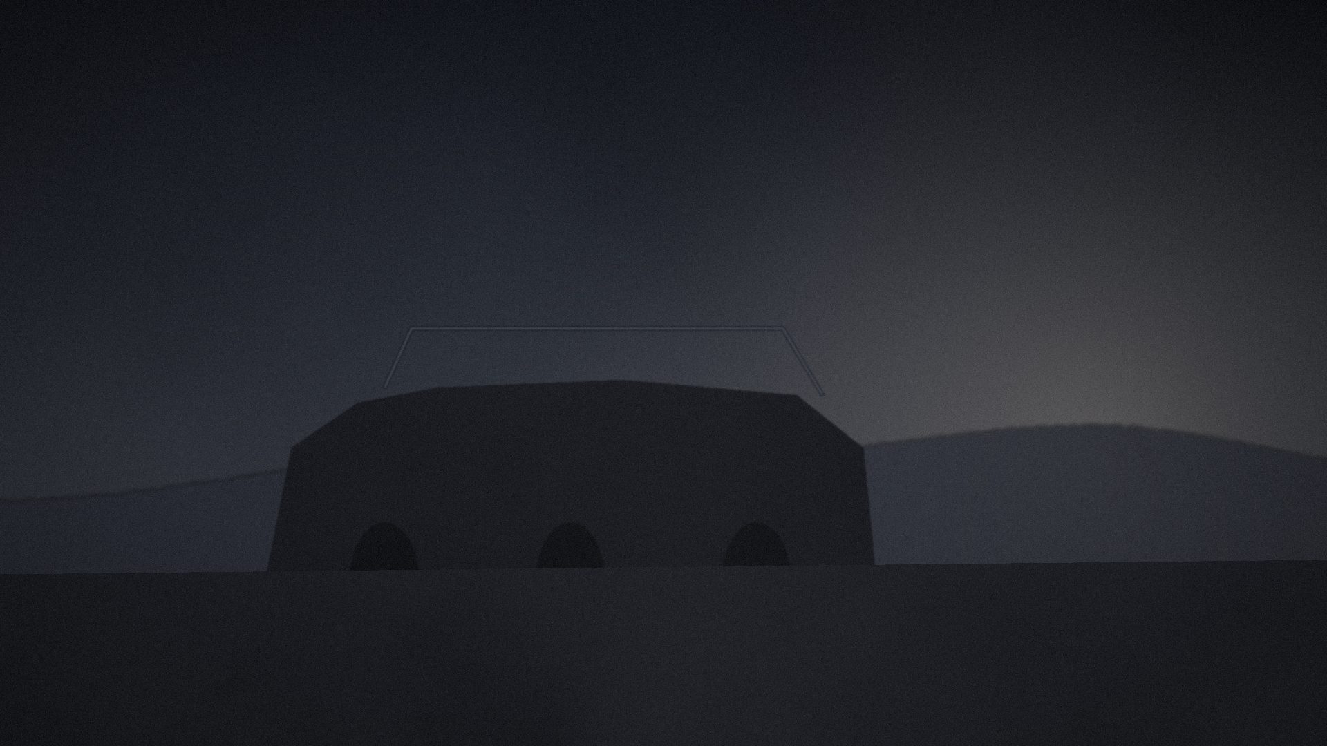 Conceptual silhouette of a protected vehicle with an overhead protection outline, low sun and dust haze behind it.