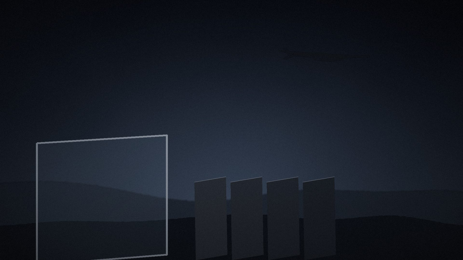 Conceptual composition of an aircraft silhouette, a transparent pane and protective panels at dusk.