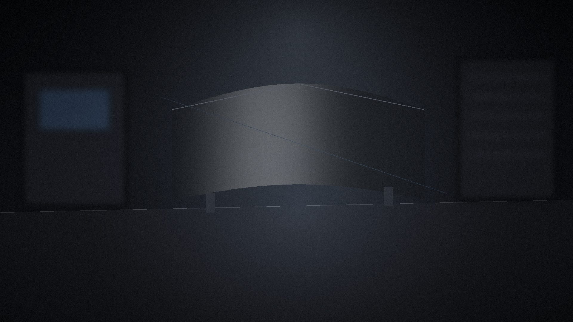 Conceptual illustration of a curved composite panel on stands under a single light in a dark workshop.