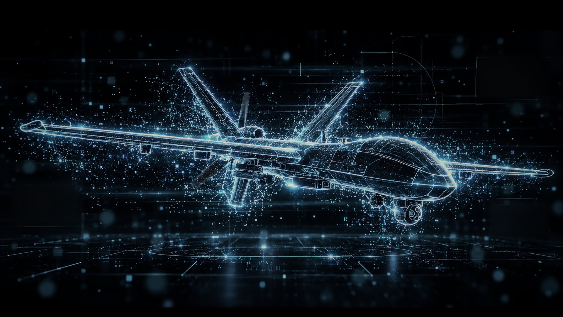 Conceptual wireframe visualisation of a long-endurance unmanned aircraft, drawn in light against a dark grid.